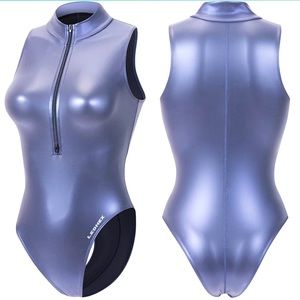 LEOHEX Metallic Purple Spandex High Neck Front-Zip Leotard Swimsuit XXL